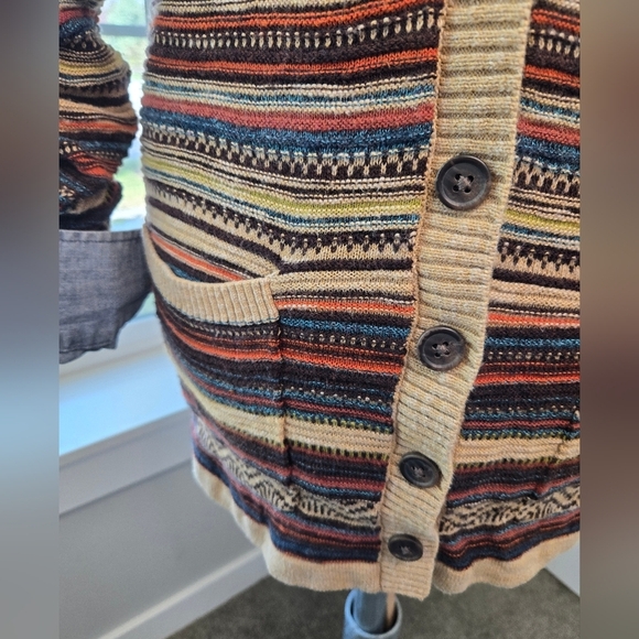 EDDIE BAUER LONG LINE BUTTON FRONT CARDIGAN COTTON SWEATER TAN STRIPE WOMEN S - Picture 14 of 15